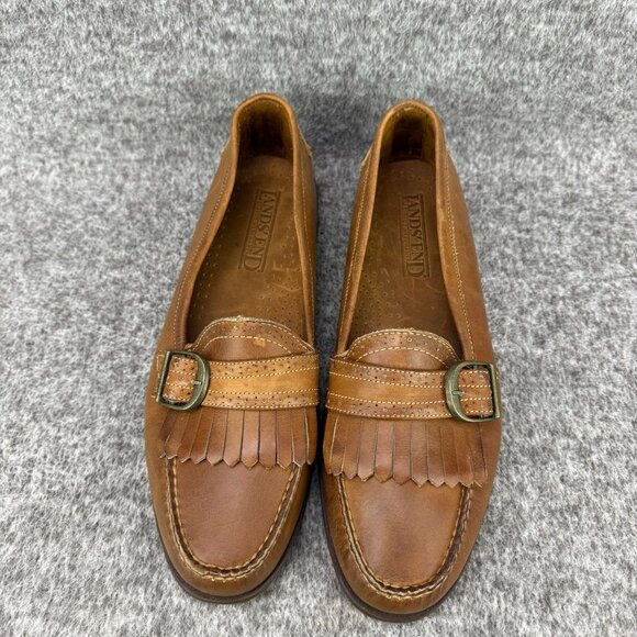 ✅Womens 10N Lands End Brown Leather Moc toe Loafers Fringe Buckle Casual Shoes - Picture 6 of 10